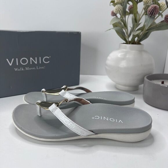 Vionic Shoes - Vionic Raysa Leather Slip On Sandals White/Grey H9679L1100 Women's US 5 M
